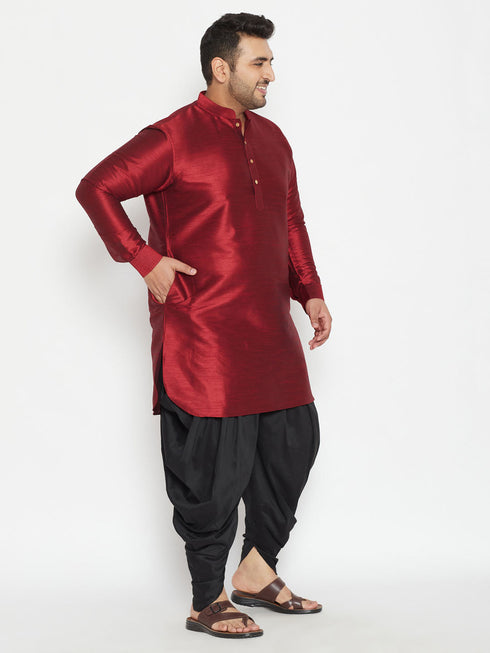 Vastramay Men's Plus Size Maroon Silk Blend Curved Kurta Dhoti Set